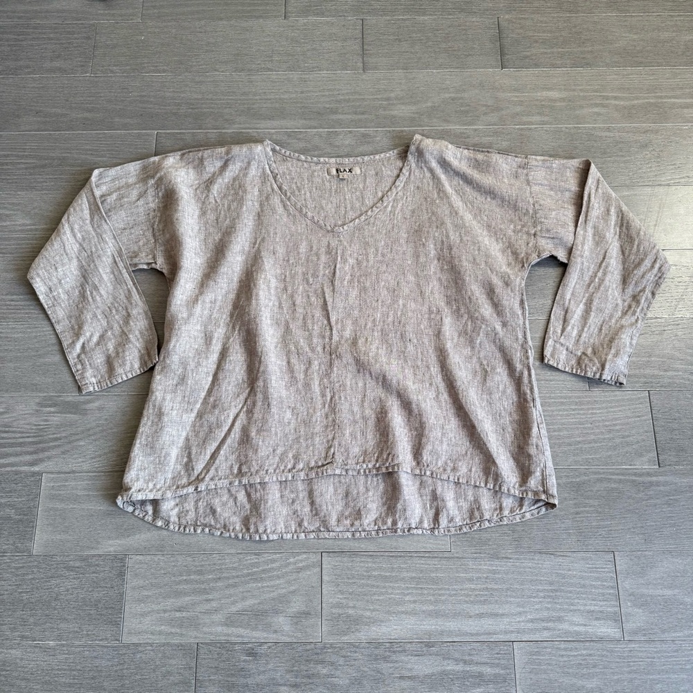 FLAX 100% Linen Oversized V-Neck Tunic Top L Lagenlook Bohemian Long Sleeves - Picture 13 of 14